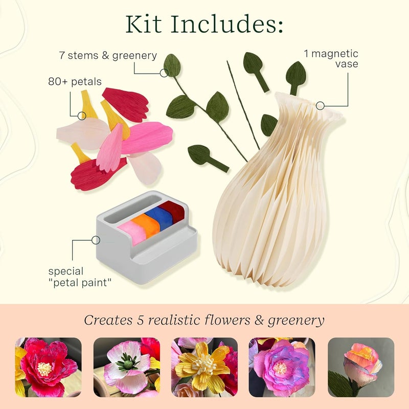 LifeLines FlowCrafts, Paper Flower Bouquet - Create a 5-Flower Bouquet with 80+ Petals, 2 Leafy Sprigs & Elegant Vase - Sensory Arts & Crafts Kit for Teens & Adults - Paper Decorations - Image 3